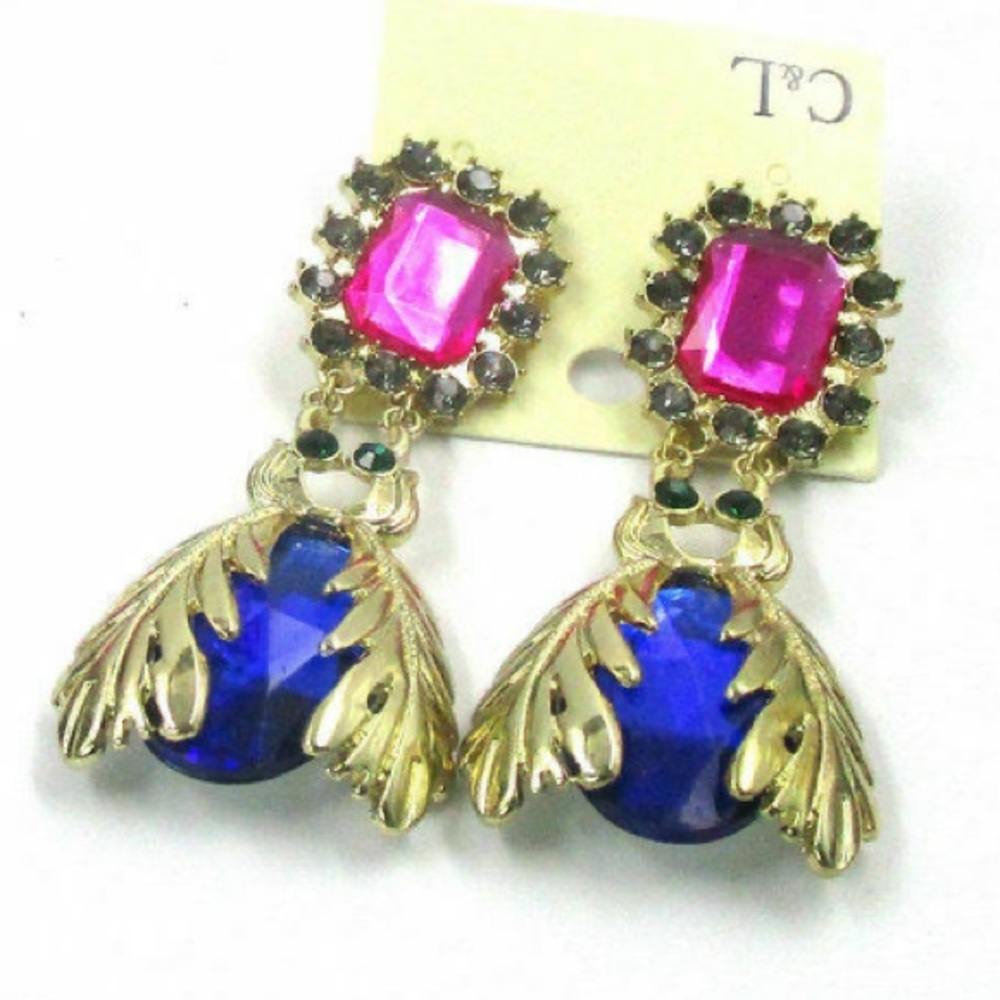 🆕 Abstract Gold Rhinestone Bee in Pink Blue Black Drop Earrings NWT